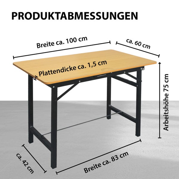 Produktabmessungen der Werkbank: Tischplatte circa 100 mal 60 Zentimeter, Höhe circa 75 Zentimeter, Plattendicke circa 1,5 Zentimeter.