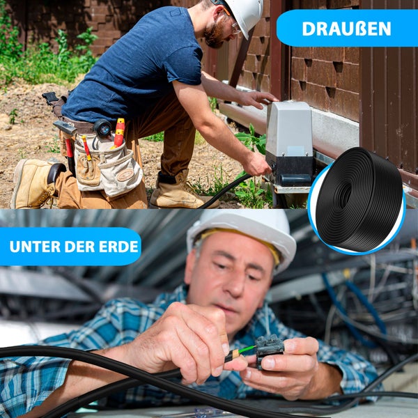 Ein Handwerker verlegt ein schwarzes Erdkabel im Außenbereich an einem Torantrieb und unter der Erde. Eine Kabelrolle ist separat abgebildet.