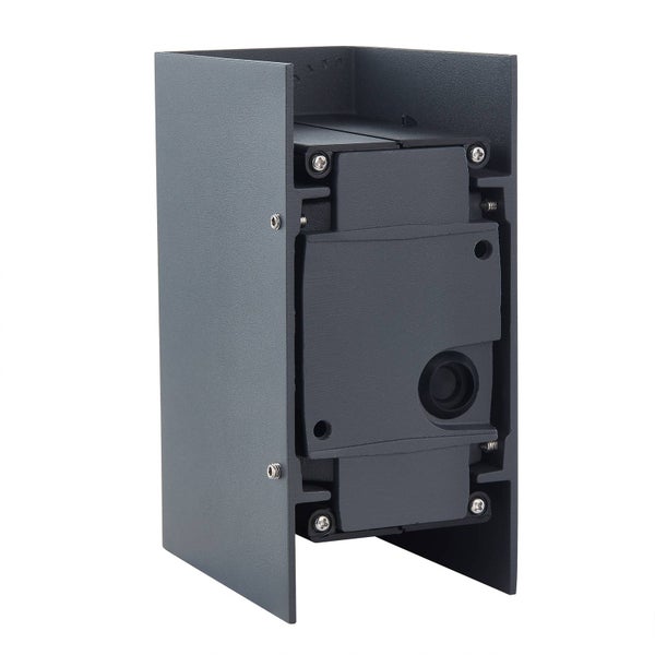 Rückansicht einer rechteckigen Außenwandleuchte aus anthrazitfarbenem Metall mit Montageplatte und Verschraubungen.