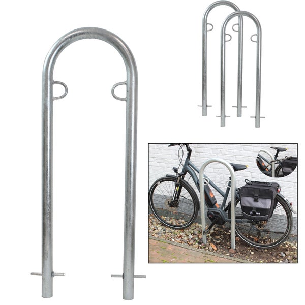 Fahrradparker aus Metall mit Anlehnbügel und Ösen zum Anschließen