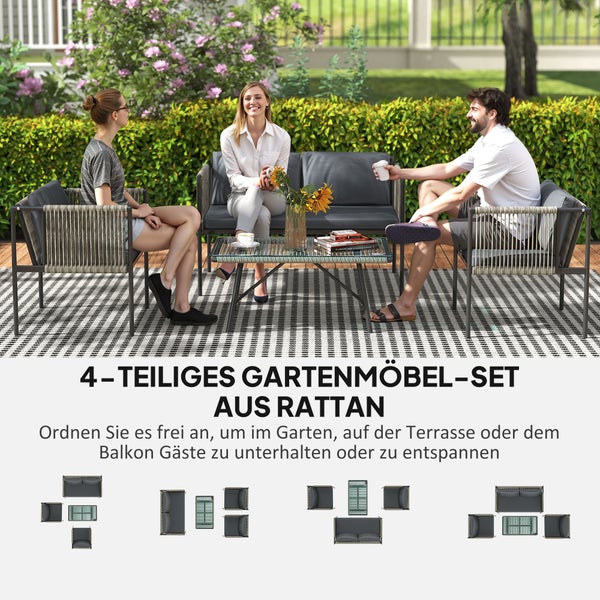 Outsunny Gartenmöbel Set aus Polyrattan Lounge-Set mit 2er Sofa Sessel Glastisch Kissen wetterfest Balkonmöbel für 4 Personen Outdoor Sitzgruppe Terrassenmöbel für Garten Balkon Grau