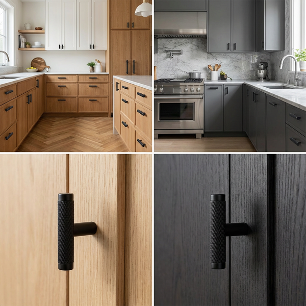 Collage von Küchen mit modernen Schrankgriffen in T-Form.