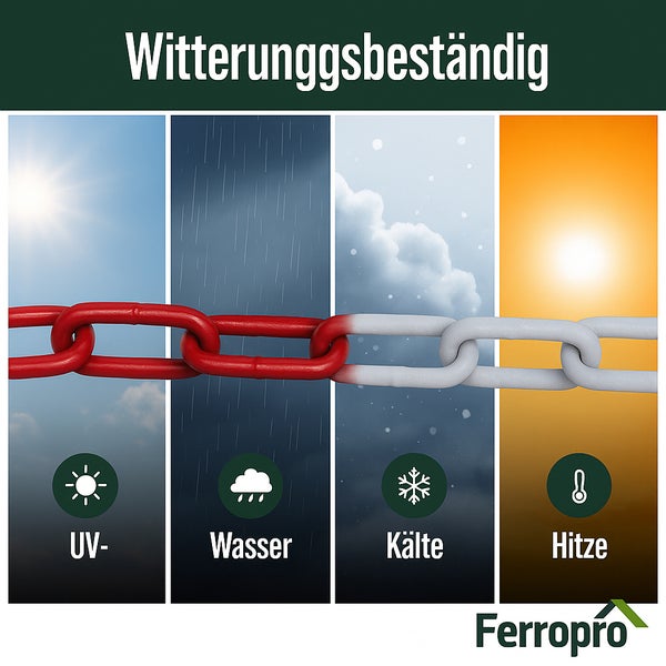 Infografik zur Witterungsbeständigkeit einer Ferropro Kette gegen Ultraviolett-Strahlung, Wasser, Kälte und Hitze. Ferropro Logo.