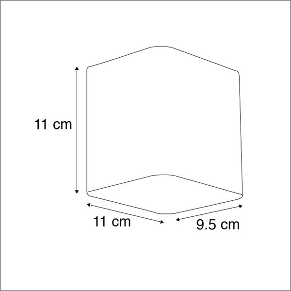 Technische Zeichnung mit den Maßen 11 Zentimeter Höhe, 11 Zentimeter Breite und 9,5 Zentimeter Tiefe.