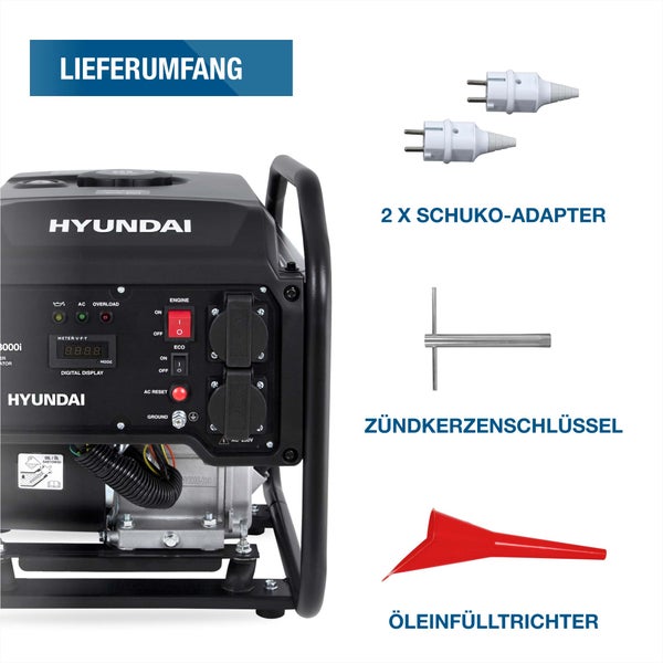 Lieferumfang des Hyundai Stromerzeugers mit zwei Schuko-Adaptern, einem Zündkerzenschlüssel und einem Öleinfülltrichter.