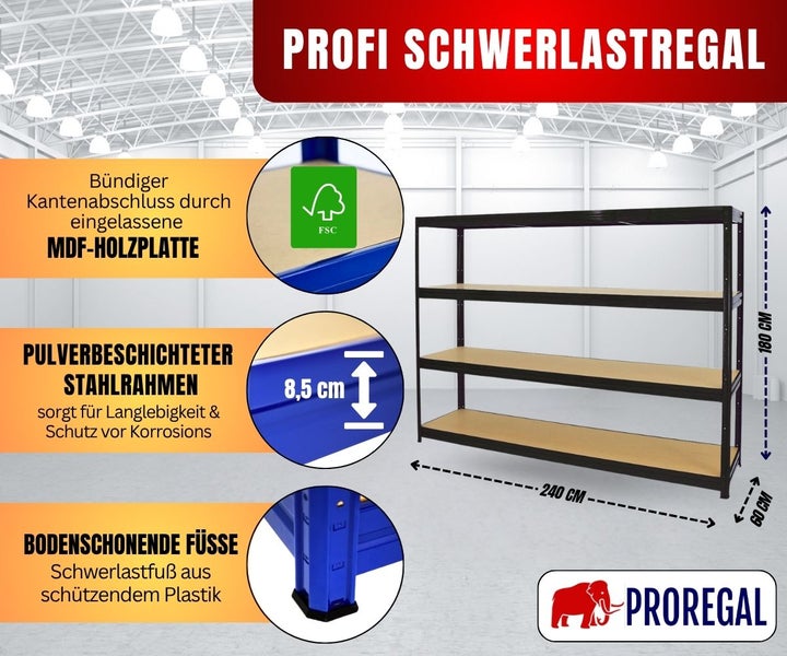 Profi-Schwerlastregal, Stahlrahmen, vier MDF-Platten, FSC-zertifiziert, Kunststofffüße. 180 mal 240 mal 60 Zentimeter. Proregal Logo.