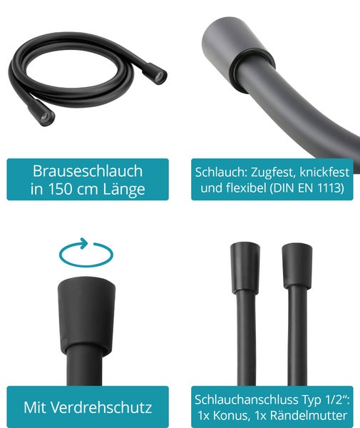 Calmwaters® Wannenset in Schwarz, 3-strahliger Duschkopf, Strahlartenwechsel per Knopf & 12 cm Sprayplatte, 150 cm Metall-Brauseschlauch, mit Wandhalter, Antikalk-Noppen, 21AG6183