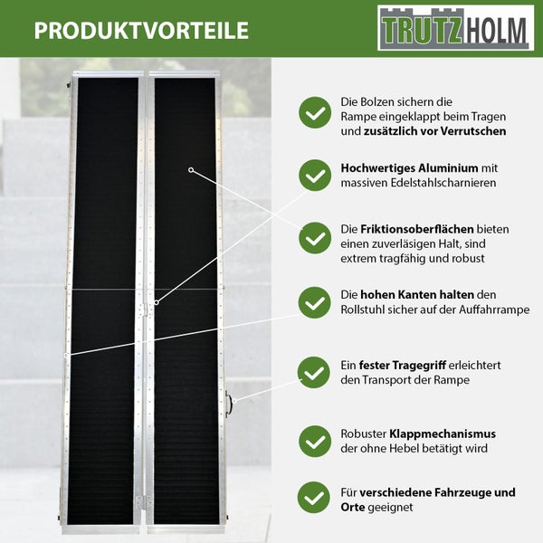 Trutzholm Auffahrrampe aus Aluminium mit Klappfunktion, rutschfester Oberfläche und Tragegriff zur einfachen Überwindung von Stufen.
