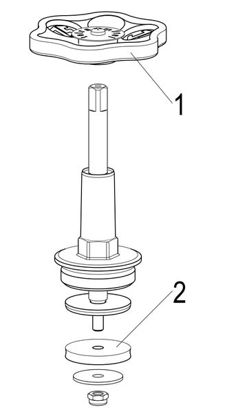 Explosionszeichnung eines Ventiloberteils mit Handrad und Dichtung.