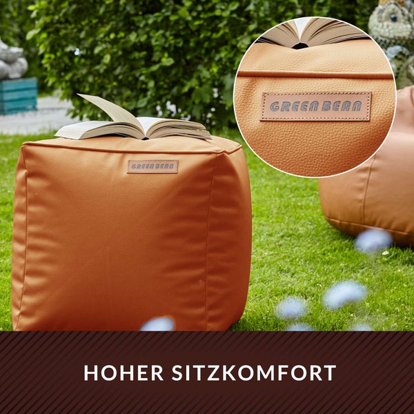Green Bean Sitzhocker aus Kunstleder - Pouf mit EPS Perlen Füllung - 40 x 40 cm - perfekte Ergänzung zum Sitzsack - Sitzwürfel Sitzkissen Hocker Fußhocker - Cognac
