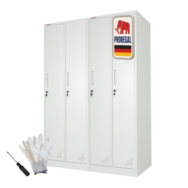 Proregal Metall-Garderobenschrank mit vier Türen, Zylinderschloss, Belüftung, Arbeitshandschuhen, Schraubendreher, Proregal Logo, Hergestellt in Deutschland.