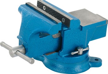 Blauer Schraubstock aus Metall mit Amboss und drehbarer Basis.