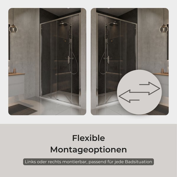 Moderne Duschkabine mit Glastüren in hellem Badezimmer, flexible Montage links oder rechts möglich, Wände in grauer Betonoptik.