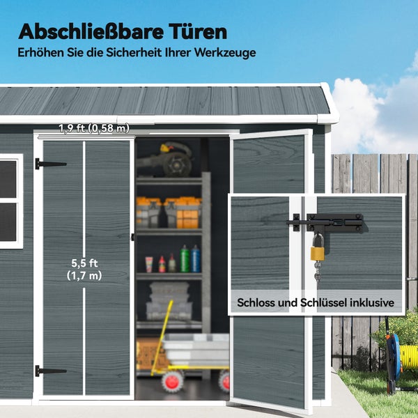 Graues Gerätehaus in Holzoptik mit abschließbaren Türen inklusive Vorhängeschloss und Türöffnungsmaßen von circa 0,58 mal 1,7 Meter.