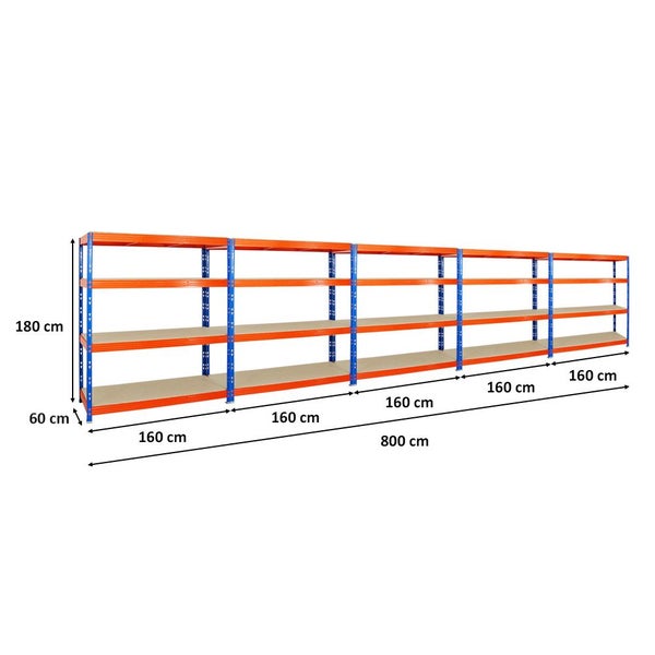 PROREGAL Mega Deal 5x Profi Schwerlastregal Rhino HxBxT 180 x 160 x 60 cm 4 Spanplatten-Ebenen 16mm Fachlast 500 kg Blau-Orange