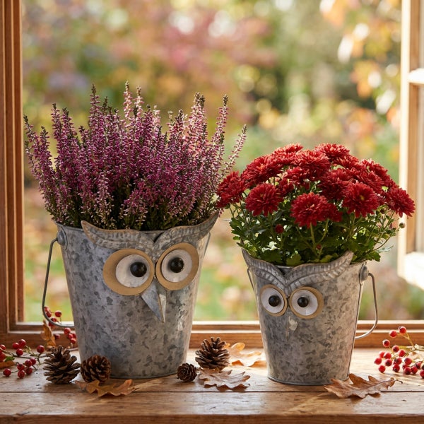 Zwei metallene Übertopfe in Eulenform mit Herbstpflanzen und Tannenzapfen als herbstliche Fensterdekoration auf einem Holzbrett.