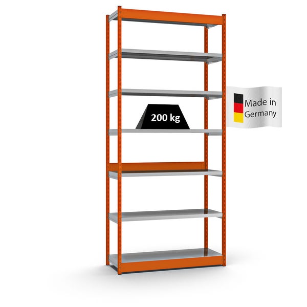 PROREGAL Fachbodenregal Stecksystem Vierkant-Profil Grundregal HxBxT 300 x 132,5 x 40 cm 7 Ebenen Einseitige Bauart Fachlast 200 kg Orange