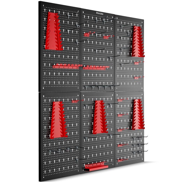 Tectake Werkzeuglochwand System mit Metallpaneelen und Zubehör zur Wandmontage für organisierte Werkstattaufbewahrung.