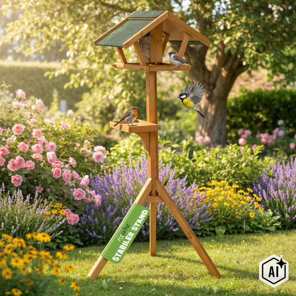 Vogelhaus aus Holz mit Standfuß auf einer grünen Wiese im Garten umgeben von Blumenbeeten