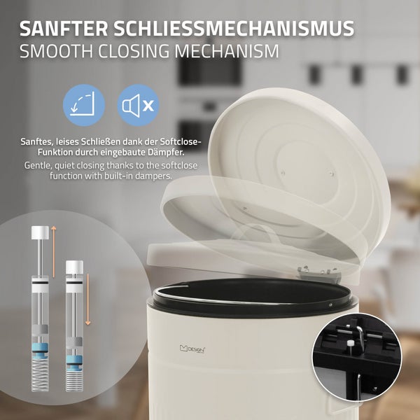 MDesign Mülleimer mit Softclose Funktion und integrierten Dämpfern für lautloses Schließen des Deckels.