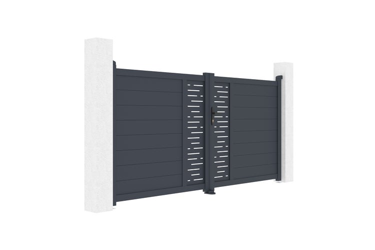 Modernes Doppelflügeltor aus Aluminium in Anthrazit mit horizontalen Lamellen und dekorativem Mittelteil.