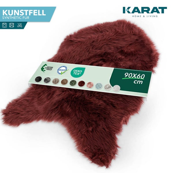 Karat Kunstfell, 90 mal 60 Zentimeter, dunkelrot, Oeko-Tex zertifiziert, Reach-konform, Leather Working Group Siegel, Karat Logo.