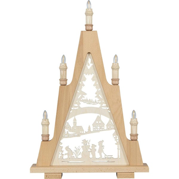 Weihnachtsschwibbogen aus Holz mit fünf LED Kerzen und Winterlandschaft mit Schneemannmotiv.
