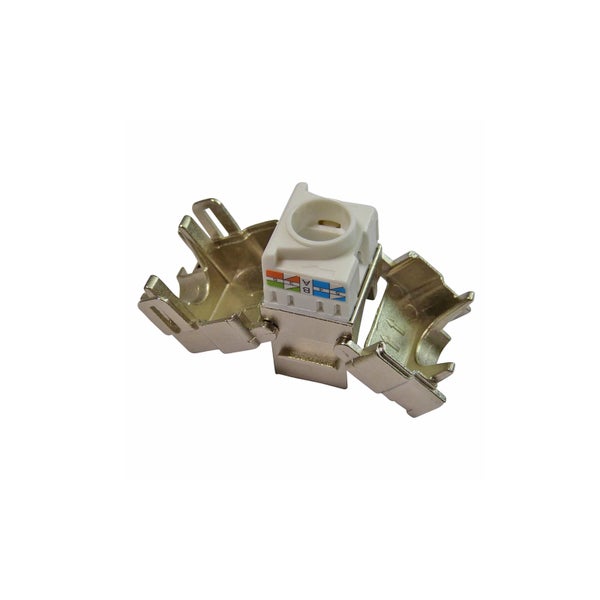 Geschirmtes RJ45 Keystone-Modul mit werkzeugfreiem Design und farbcodierten Anschlüssen für Netzwerkinstallationen.