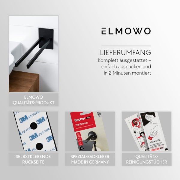 ELMOWO Handtuchhalter mit Montagezubehör, inklusive fischer Badkleber, Reinigungstüchern und selbstklebender Rückseite für eine schnelle Montage.