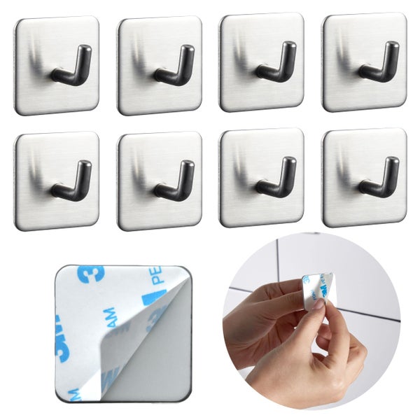 Acht selbstklebende Wandhaken aus Edelstahl mit quadratischer Grundplatte inklusive Detailansichten der Klebebefestigung.