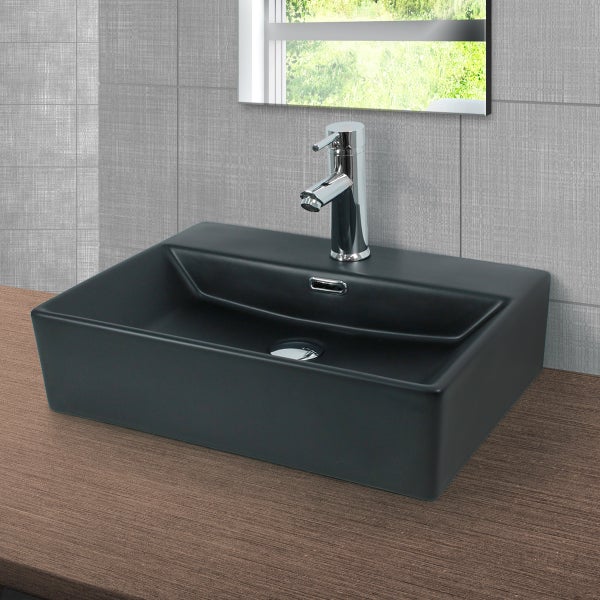 ML-Design Waschbecken aus Keramik in Schwarz matt 510x360x130mm inkl. Ablaufgarnitur, Eckige Aufsatzwaschbecken mit Überlauf, Moderne Waschtisch Waschschale Waschplatz Handwaschbecken, für Badezimmer