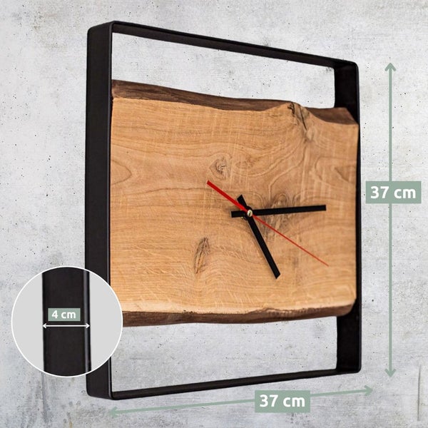 holz4home Quadratische Wanduhr mit Stahlrahmen aus massiver Eiche