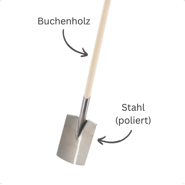 Spaten mit einem Stiel aus Buchenholz und einem Blatt aus poliertem Stahl.