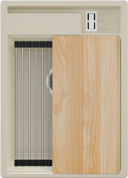 Spüle mit Abtropfgestell und Schneidebrett