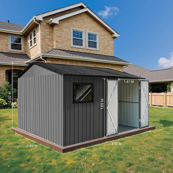 Gartenschuppen mit Fenster und Doppeltür sowie Maßangaben