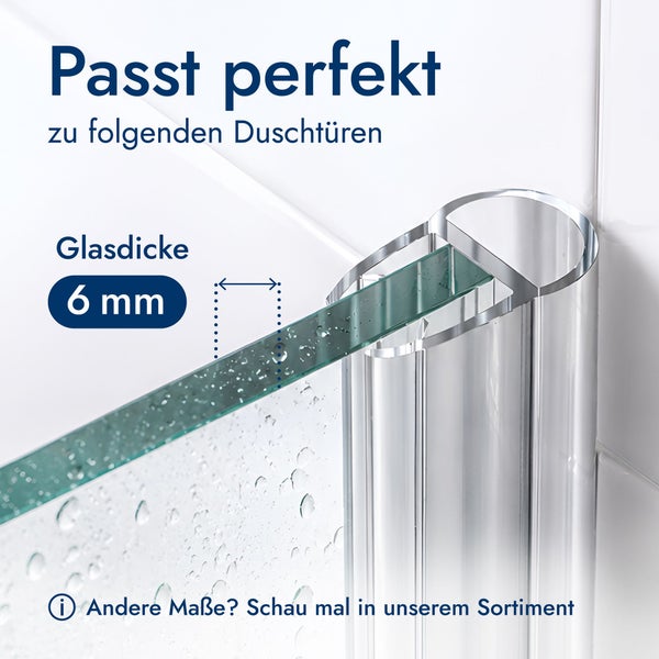 Nahaufnahme einer gläsernen Duschtür in einem Profil mit der Angabe einer Glasdicke von 6 Millimeter.