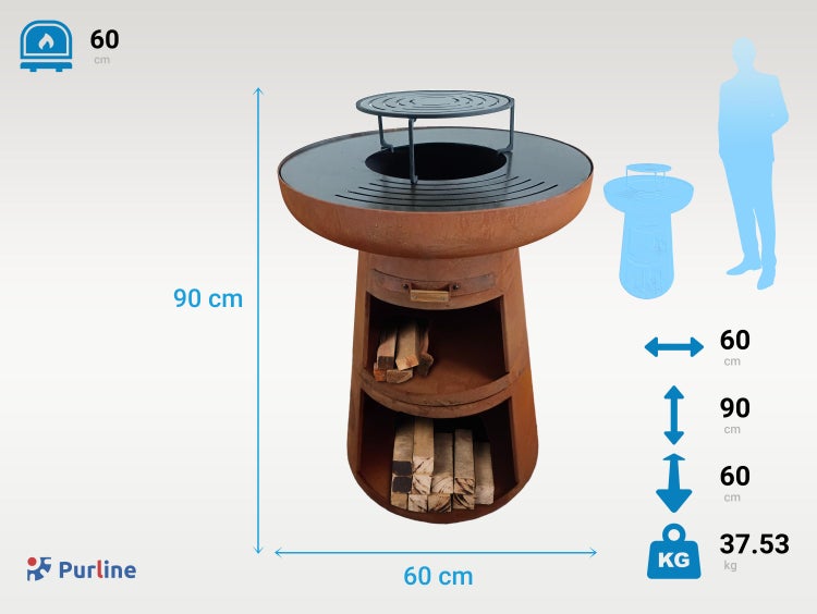 Purline Grillkamin mit den Maßen 60 x 90 x 60 cm und einem Gewicht von 37,53 kg