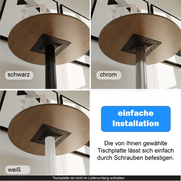 Tischgestell mit Montageplatte zur Befestigung an Tischplatten inklusive Hinweis auf einfache Installation und verschiedene Gestellausführungen.