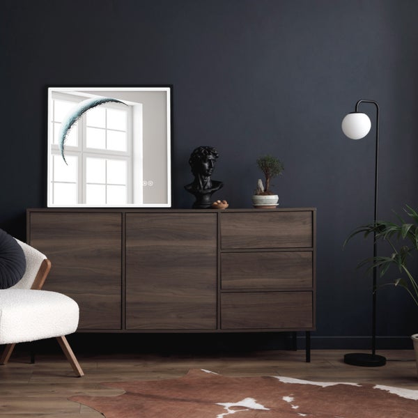 EMKE LED Badspiegel 50x50 cm, dekoratives Mond-Design, dimmbare Beleuchtung, Anti-Beschlag, schwarzer Rahmen, IP44, zur Wandmontage, für Badezimmer & Schlafzimmer geeignet