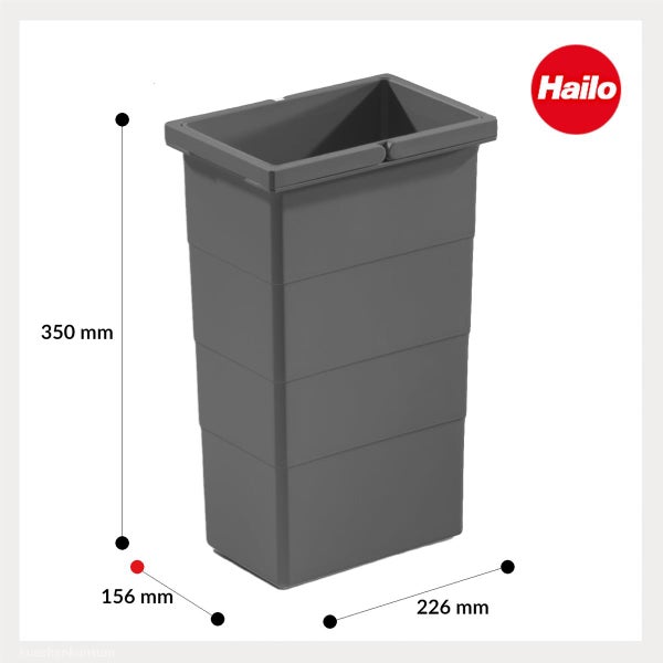 Grauer Hailo Mülleimer-Einsatz aus Kunststoff mit Maßen 350 Millimeter Höhe, 226 Millimeter Breite und 156 Millimeter Tiefe. Hailo Logo.