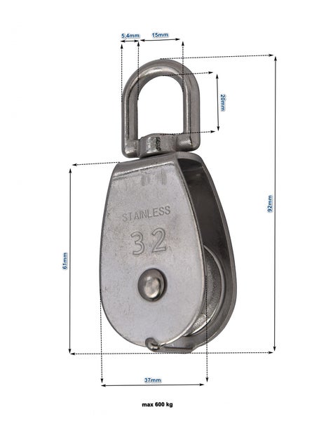 Edelstahl Seilrolle 32 Millimeter mit Buegel und technischen Massangaben fuer eine maximale Belastung von 600 Kilogramm