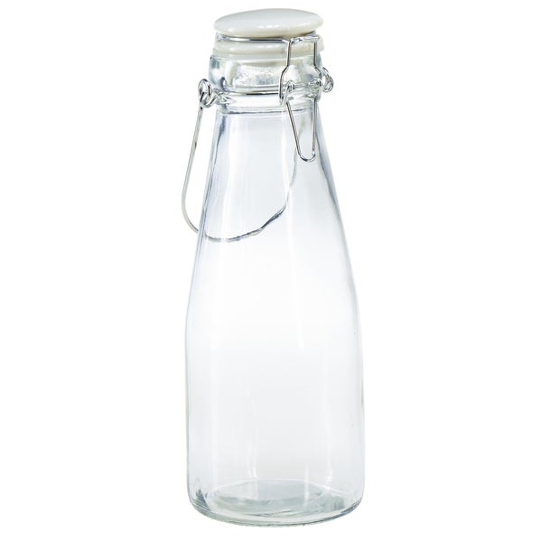 Transparente Glasflasche mit Bügelverschluss aus Metall und weißem Deckel.