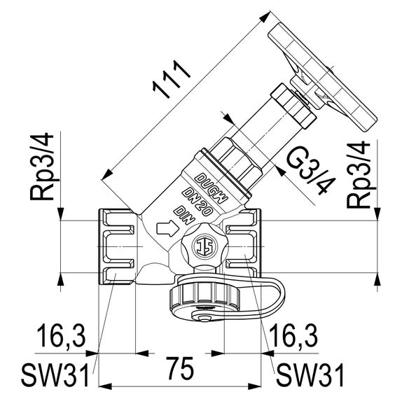 Technische Zeichnung eines Schrägsitzventils mit Entleerung, Maße in Millimeter, Anschlüsse 3/4 Zoll, zertifiziert für Trinkwasser.