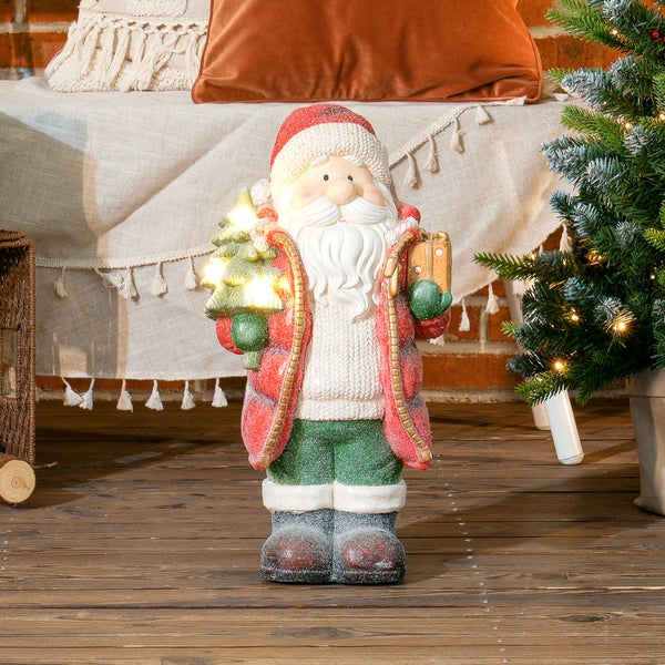HOMCOM Weihnachtsdeko Figur, Weihnachtsmann mit Weihnachtsbaum und Geschenk, 50 cm Weihnachtsfigur mit LED-Licht, Dekofigur zu Weihnachten, für In- und Outdoor