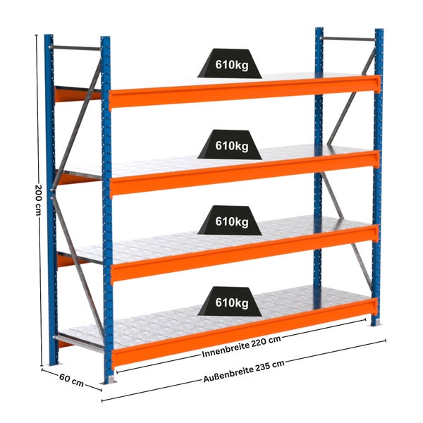 Schwerlastregal mit vier Ebenen und Gewichtsangabe