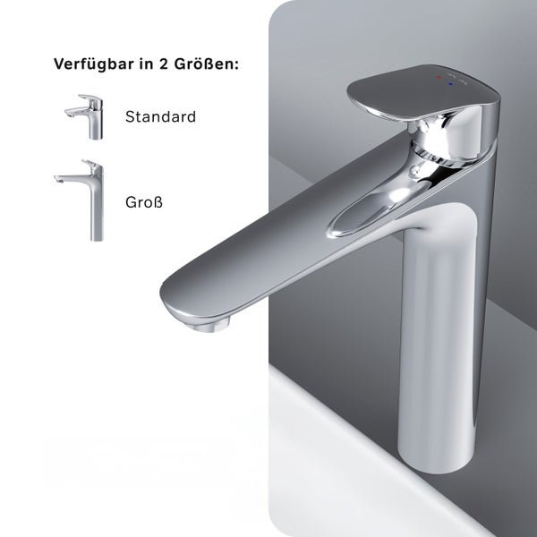 Moderne AM PM Waschtischarmatur in metallischer Optik, erhältlich in zwei Größen: Standard und Groß für verschiedene Waschbecken.