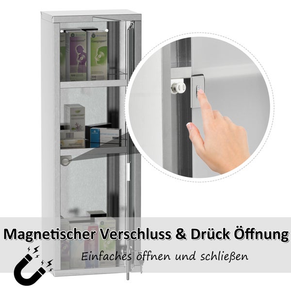 kleankin Medizinschrank Arzneischrank Erste-Hilfe-Schrank mit Schloss 3 Fächer Mattglas 430 Edelstahl+gehärtete Glastür Silber 20 x 12 x 58 cm