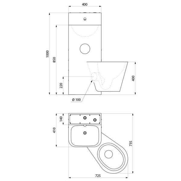 Maßzeichnung einer WC-Waschbecken-Kombination mit Frontansicht und Draufsicht sowie Abmessungen in Millimetern.