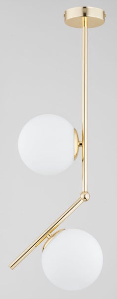Moderne Pendelleuchte mit zwei Glaskugeln und Metallgestell in glänzender Optik zur Deckenmontage