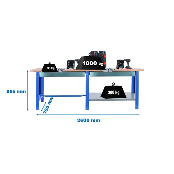 Werkbank BUFFALO WOOD mit 2x Schublade| HxBxT 86,5x260x75cm | Traglast 1000kg | Blau